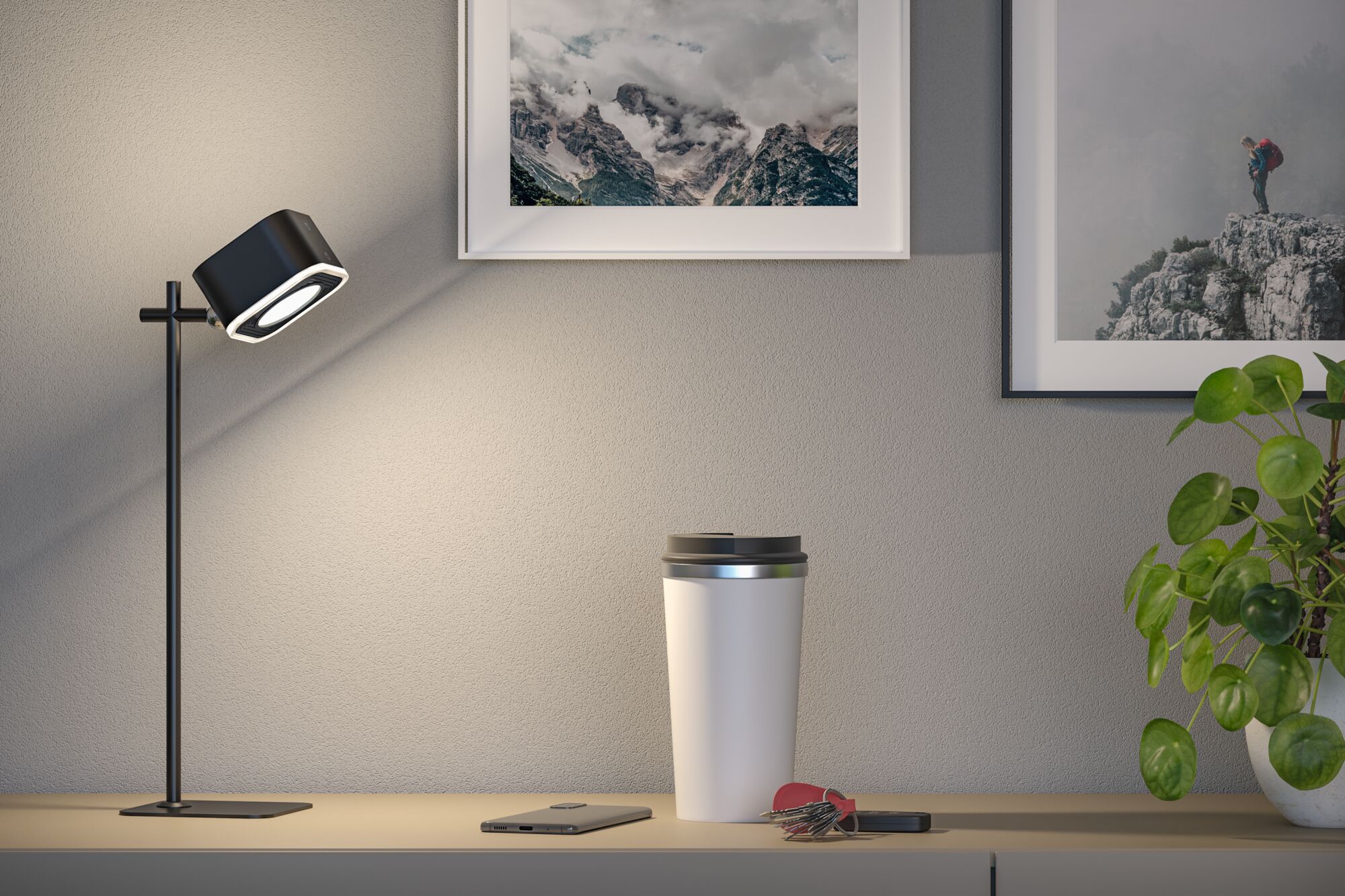 Modern black metal LED desk spotlight illuminating light wall with decor and green plant.