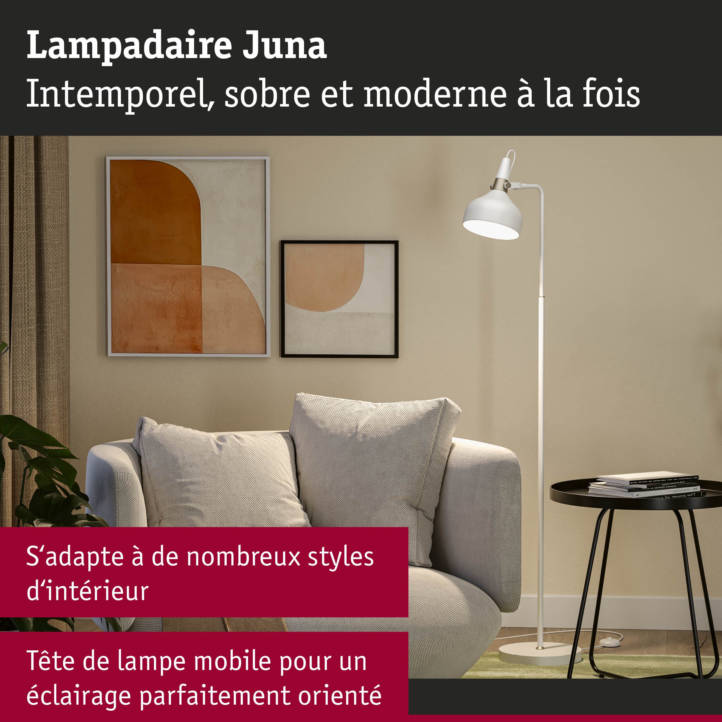 Lampadaire blanc Juna en métal avec tête orientable dans un salon moderne avec canapé