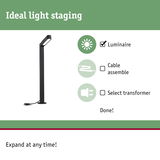 Black LED outdoor luminaire with modern design and integrated cable for garden lighting