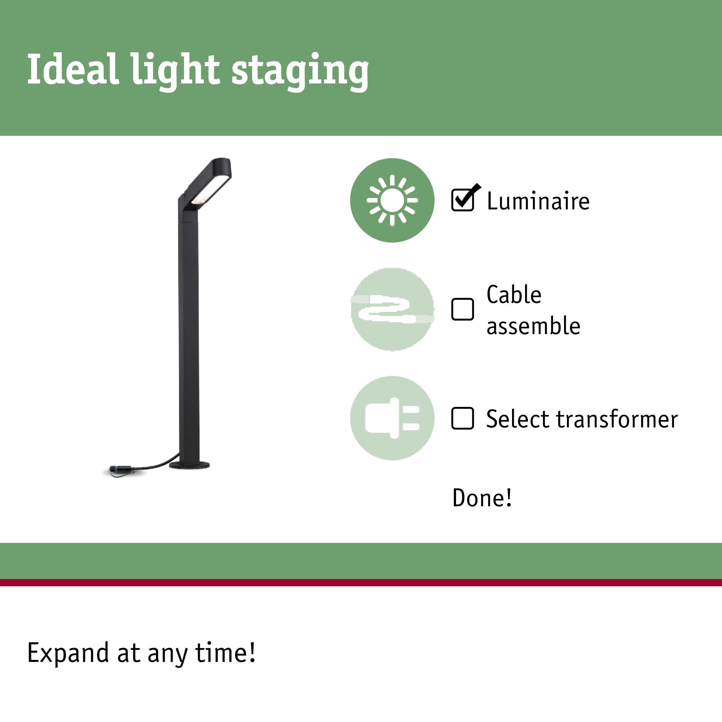 Black LED outdoor luminaire with modern design and integrated cable for garden lighting