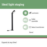 Black LED outdoor luminaire with integrated light source and cable for garden lighting