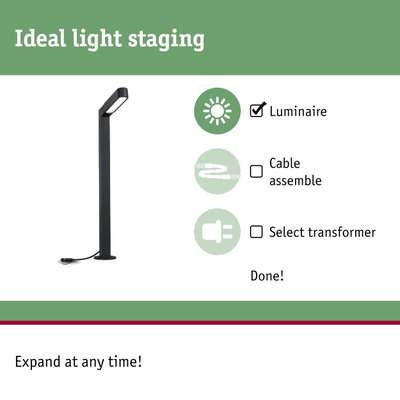 Black LED outdoor luminaire with integrated light source and cable for garden lighting