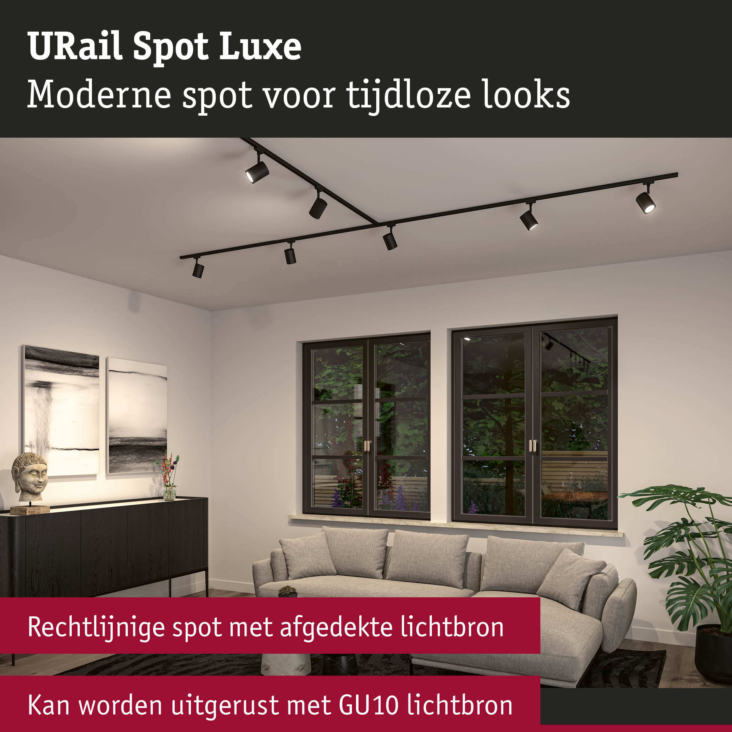 Zwarte URail Spot Luxe plafondlamp met meerdere spots in moderne woonkamer met bank en raam