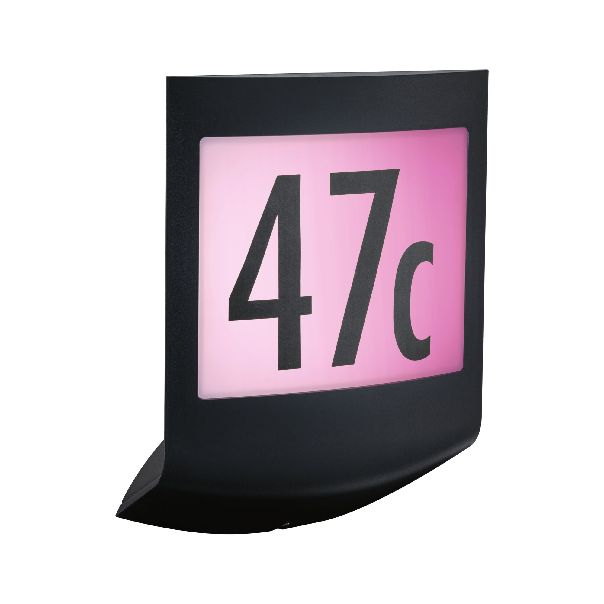Black LED house number sign with pink background and black digits 47c, weatherproof outdoor light