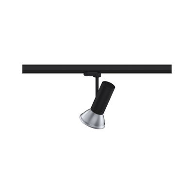 Black LED track spotlight with silver metal reflector for modern indoor lighting solutions