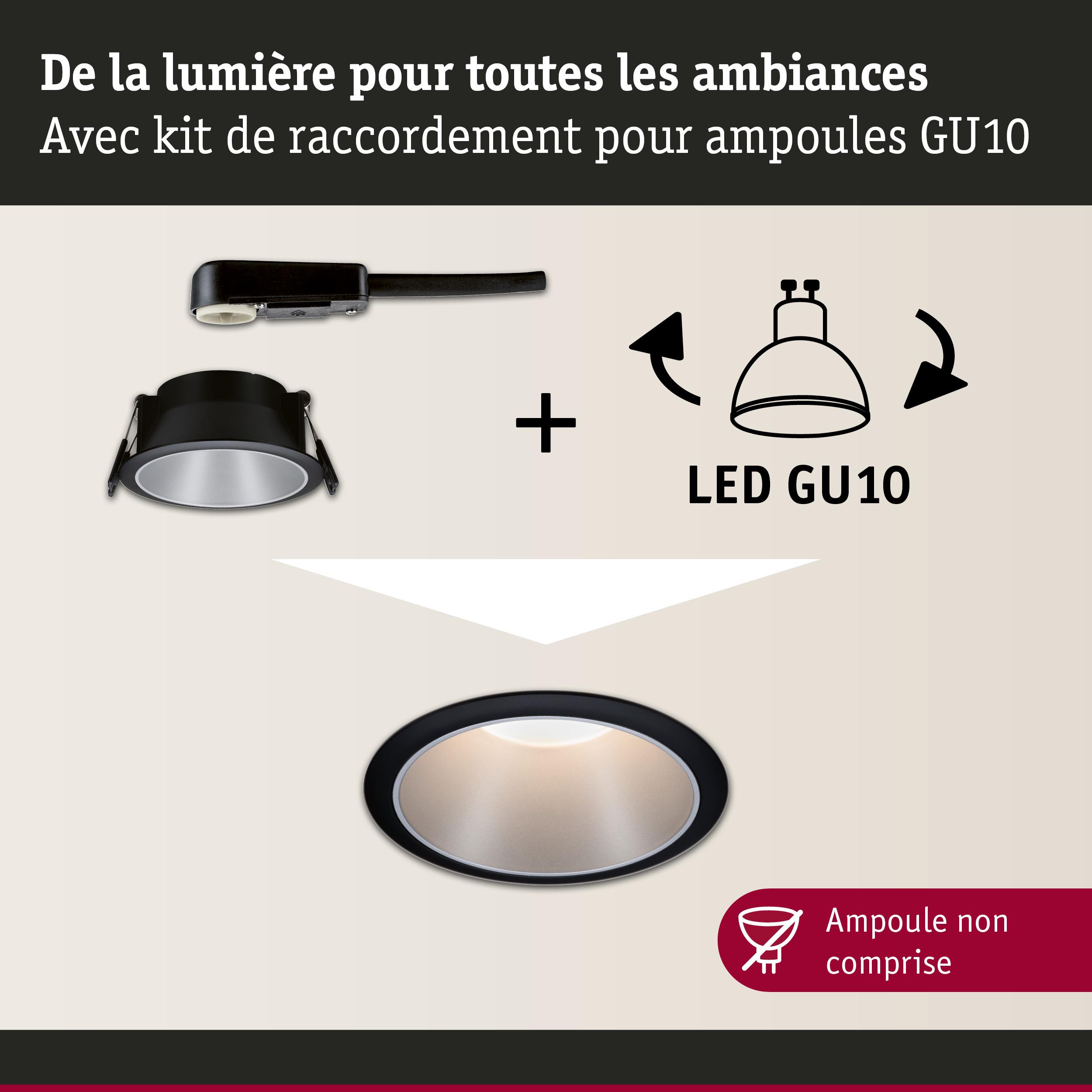 Spot encastré noir avec kit de raccordement GU10 LED pour éclairage polyvalent sans ampoule