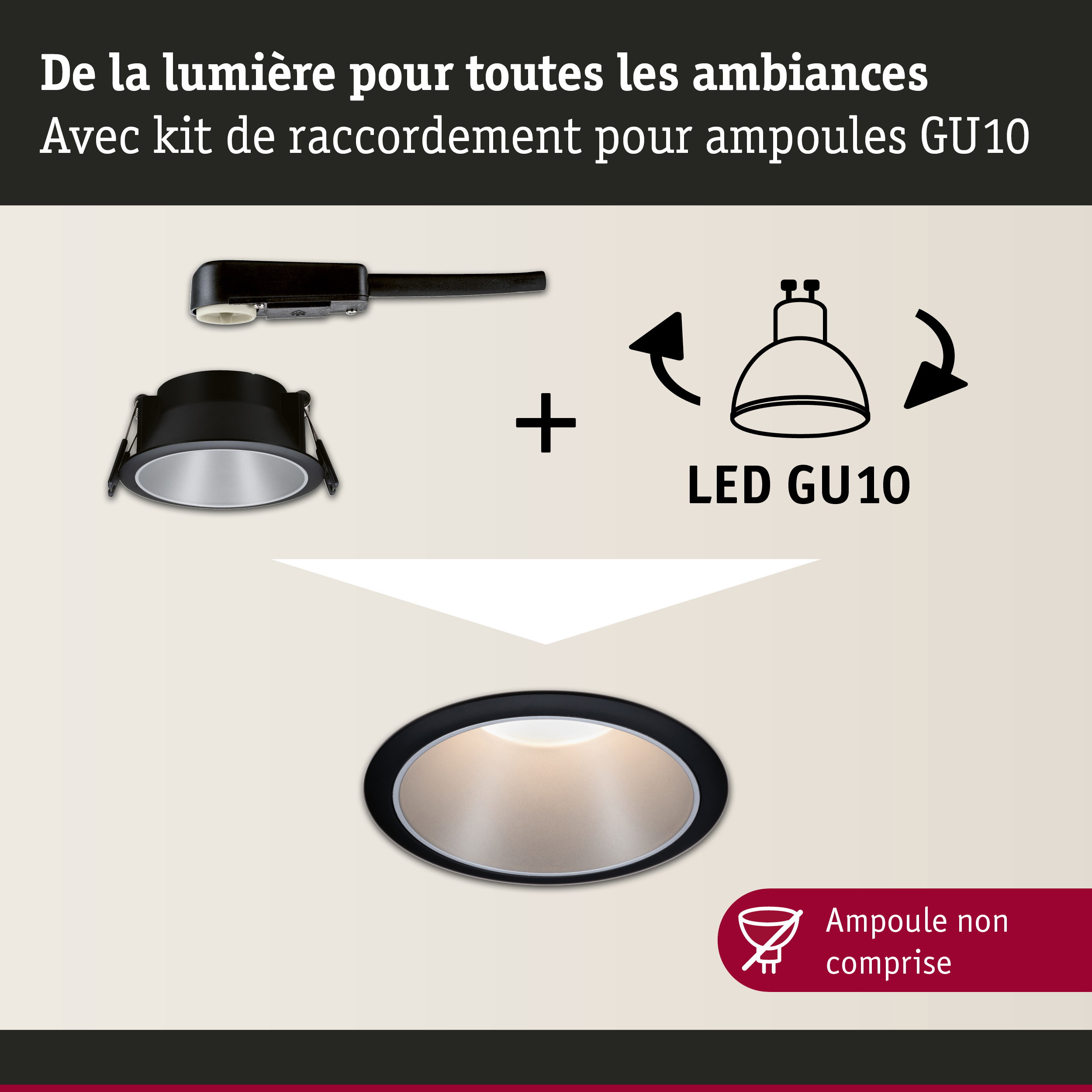 Spot encastré noir avec kit de raccordement pour ampoules LED GU10 pour éclairage intérieur flexible