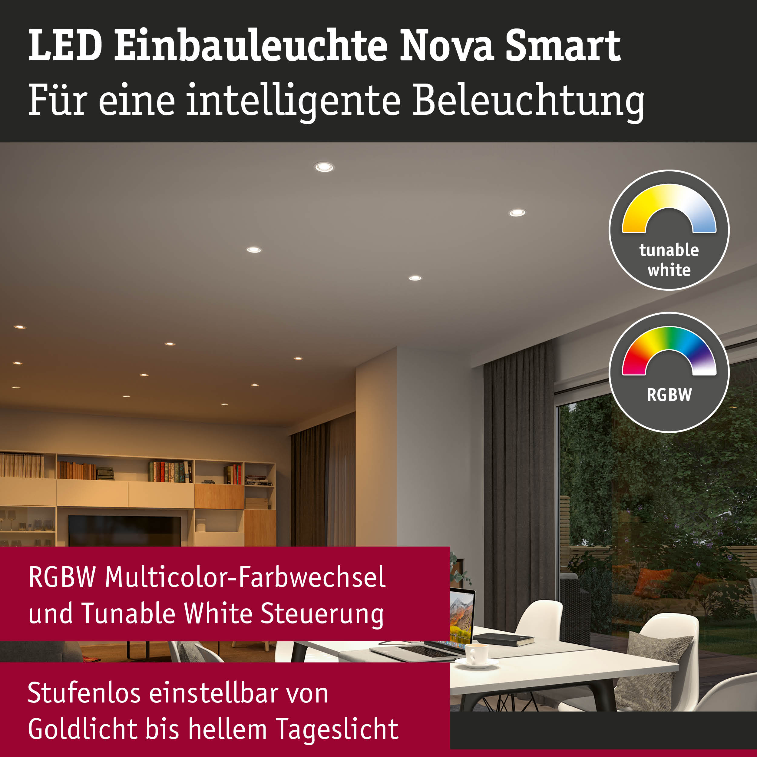 LED Einbauleuchte Nova Smart in Weiß mit RGBW Multicolor und Tunable White Steuerung für Wohnräume