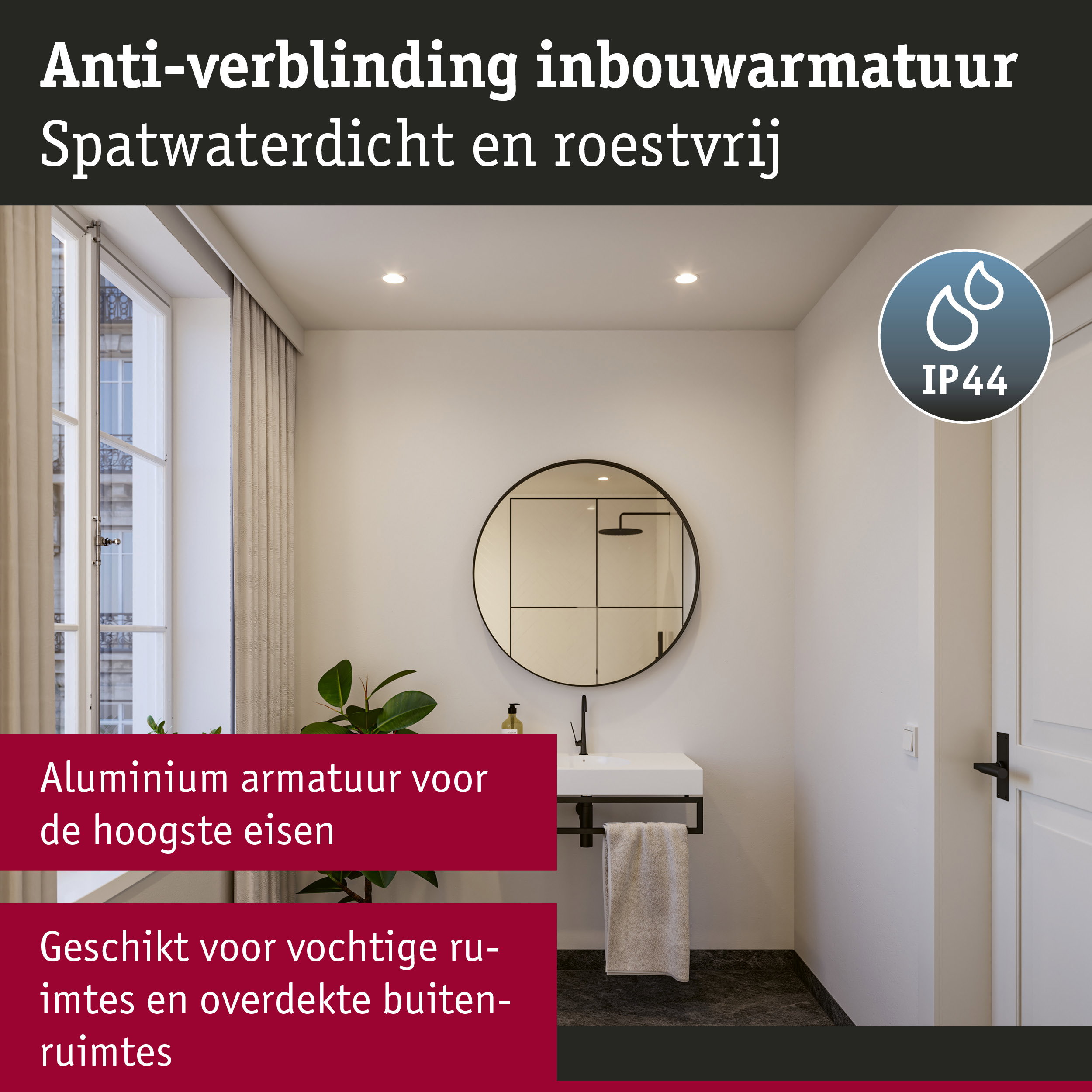 Moderne badkamer met ronde spiegel en IP44 aluminium inbouwverlichting geschikt voor vochtige ruimtes