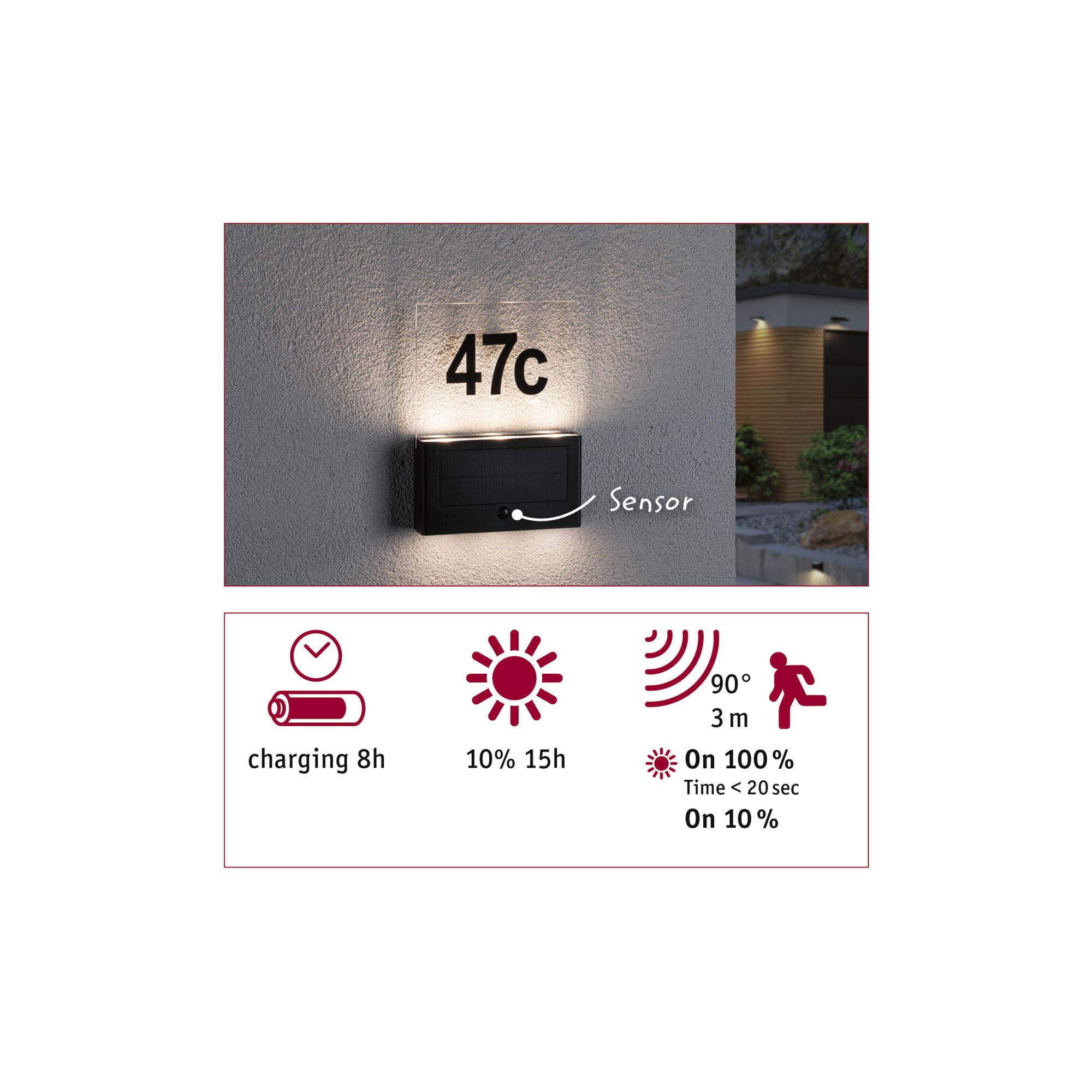 Schwarze Solar-Wandleuchte mit Sensor und Hausnummer 47c, energiesparende Außenbeleuchtung mit Bewegungsmelder.