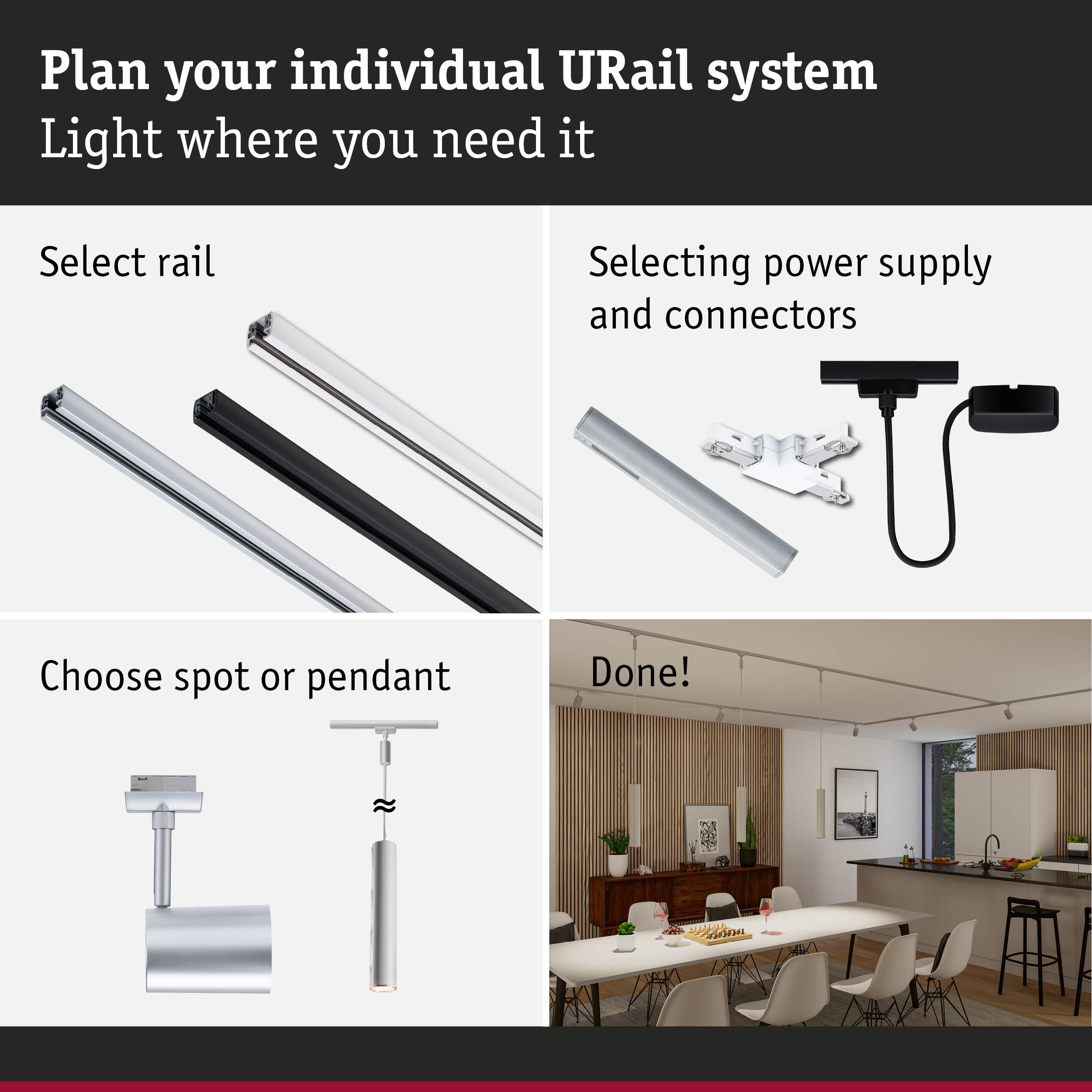 Modular URail track system with rails, power supply and lights for flexible room lighting solutions
