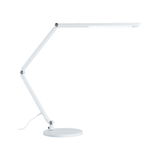 White LED desk lamp with adjustable arm and round base for modern workspace lighting