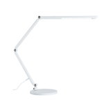 White LED desk lamp with adjustable arm and round base for modern workspace lighting