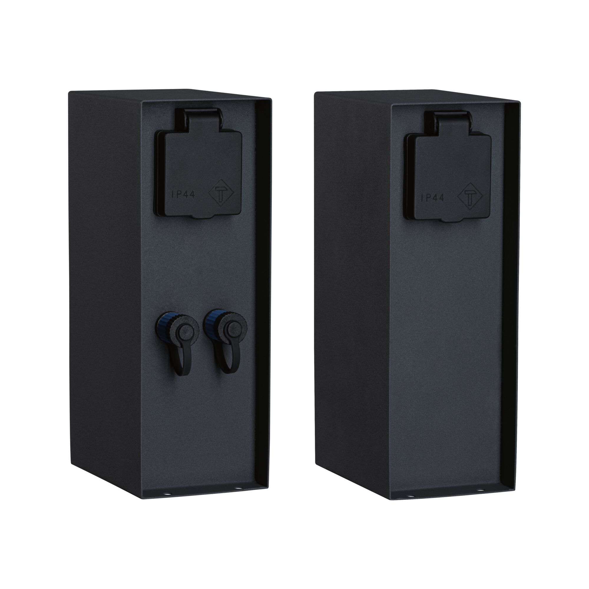 Two black metal outdoor sockets with IP44 cover, waterproof power outlets for garden use