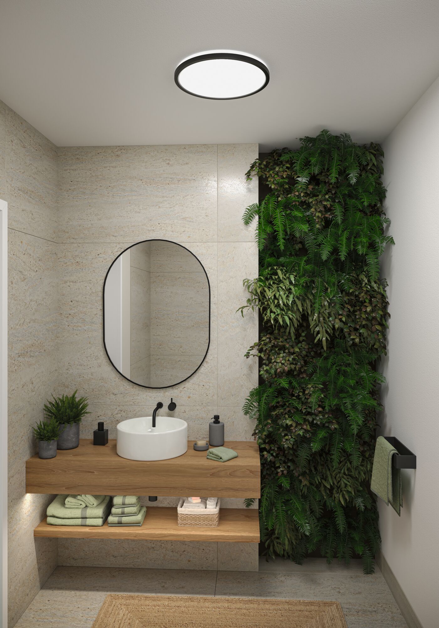 Plafonnier LED rond à cadre noir dans salle de bain moderne avec meuble en bois et mur végétal