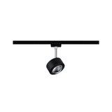 Black metal LED spotlight with adjustable head on black track for modern lighting solutions