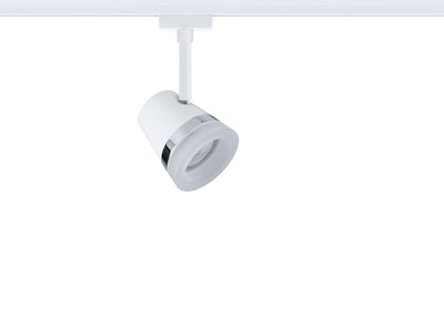 White metal LED spotlight with chrome ring on track system for modern indoor lighting