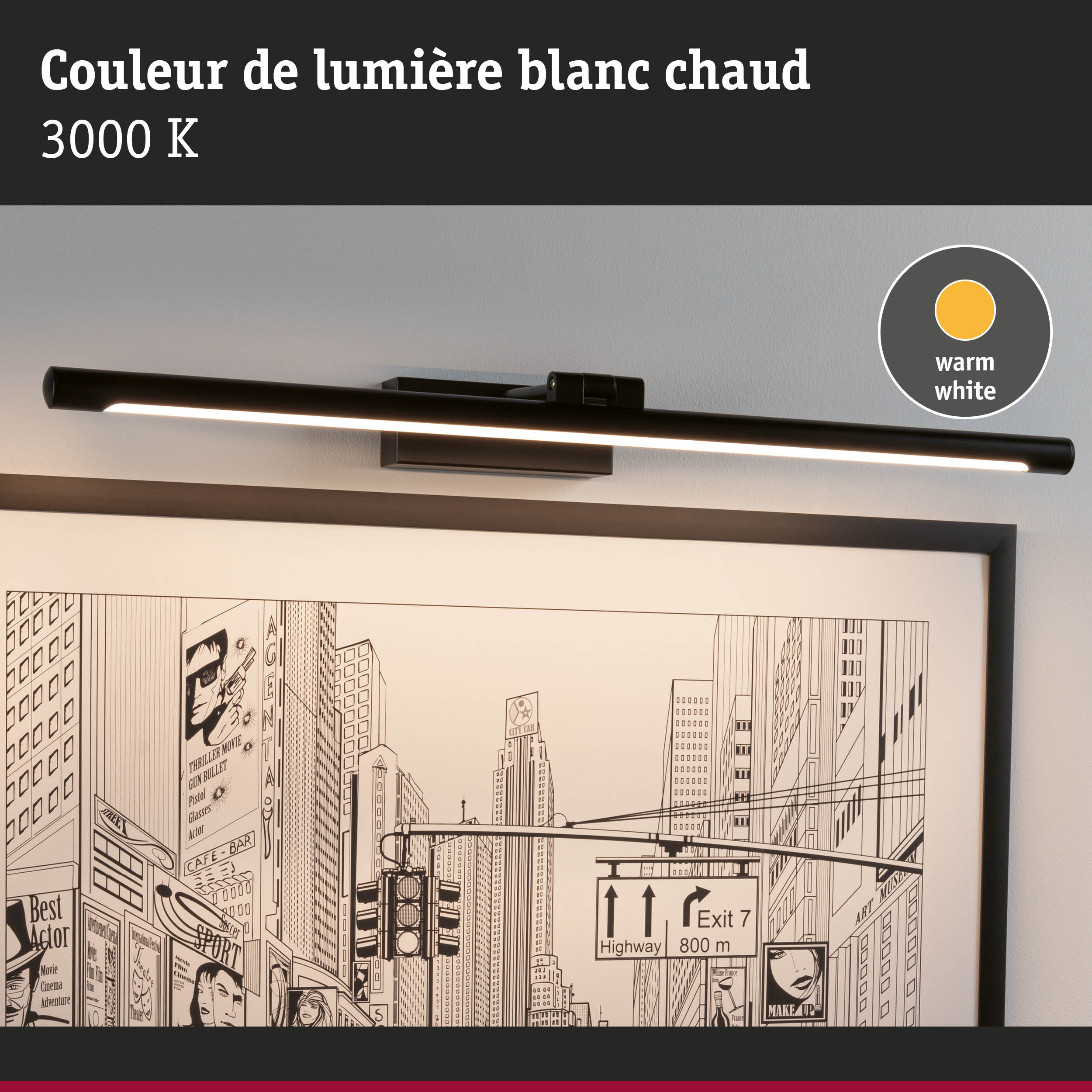 Applique LED noire avec lumière blanc chaud 3000K pour éclairage d'ambiance murale