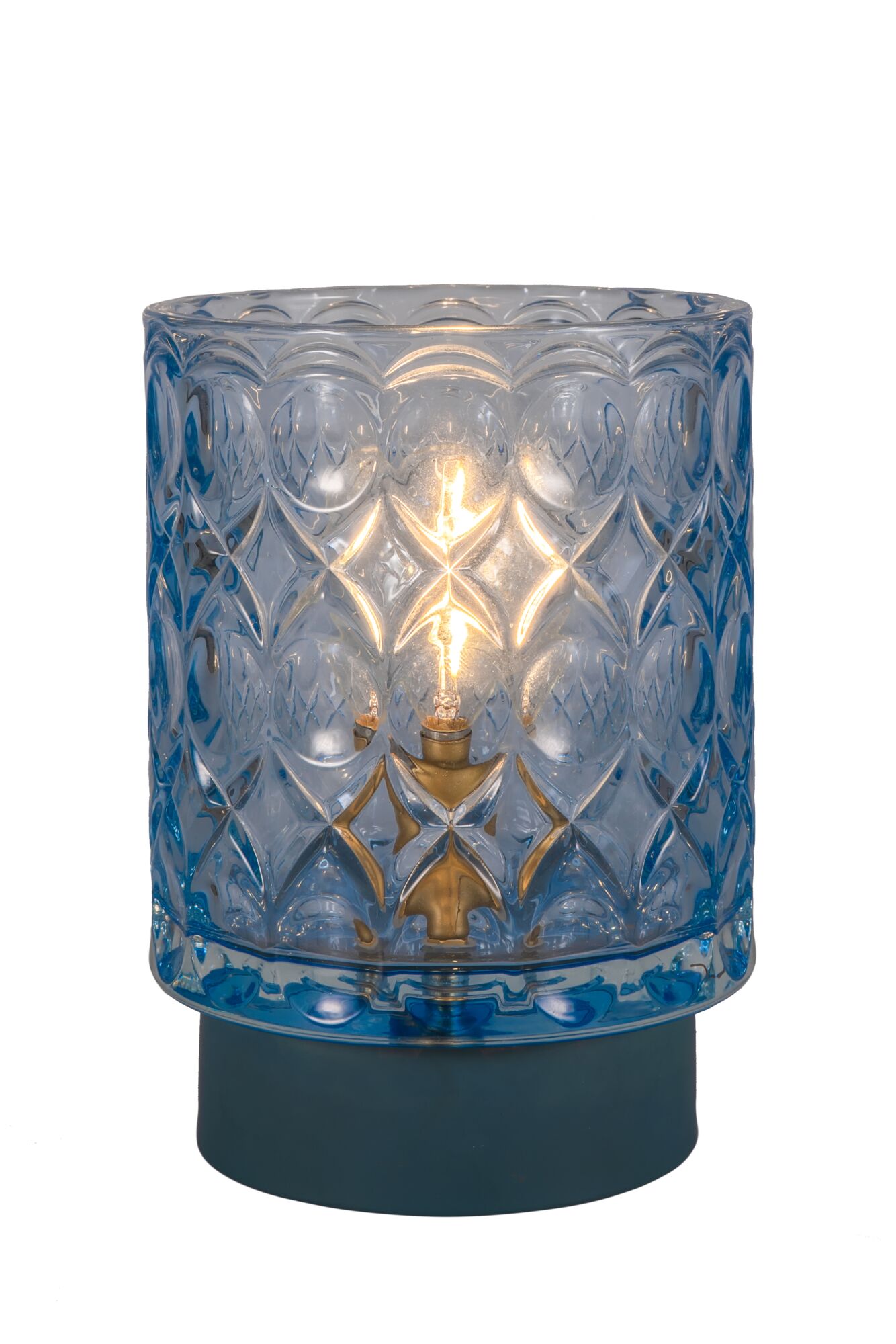 Table lamp with blue textured glass and warm white light for cozy ambient lighting in rooms