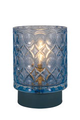 Blauwe glazen tafellamp met patroon en warmwitte lamp op donkere voet voor sfeerverlichting