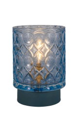 Blue patterned glass table lamp with warm white light, decorative home lighting accessory