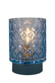 Blue patterned glass table lamp with warm white light, decorative home lighting accessory