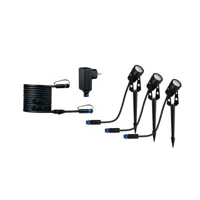 Black LED garden spotlight set with three lamps, cable, and power adapter for outdoor lighting.