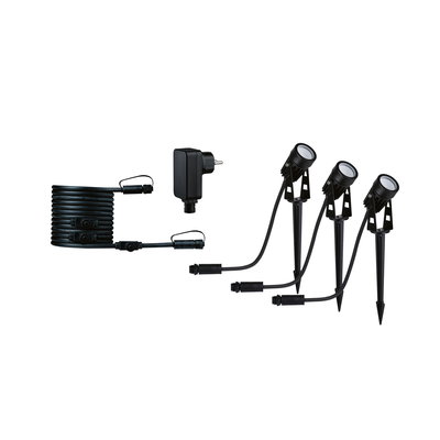 Schwarzes LED-Gartenstrahler-Set mit drei Spots, Kabel und Netzteil für Außenbeleuchtung