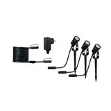 Black LED garden spotlight set with three lamps, cable and power adapter for outdoor lighting