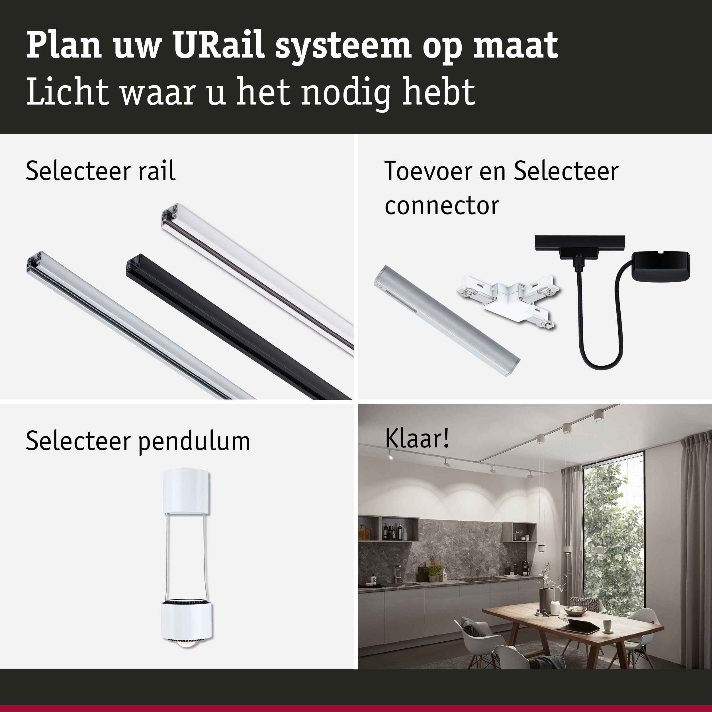 Système de rail modulaire URail avec rails blancs, noirs et argentés et suspensions dans un salon