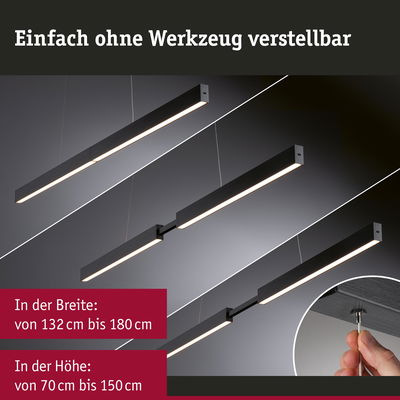 Verstellbare schwarze LED-Pendelleuchte aus Metall, Länge 132 bis 180 cm, Höhe 70 bis 150 cm