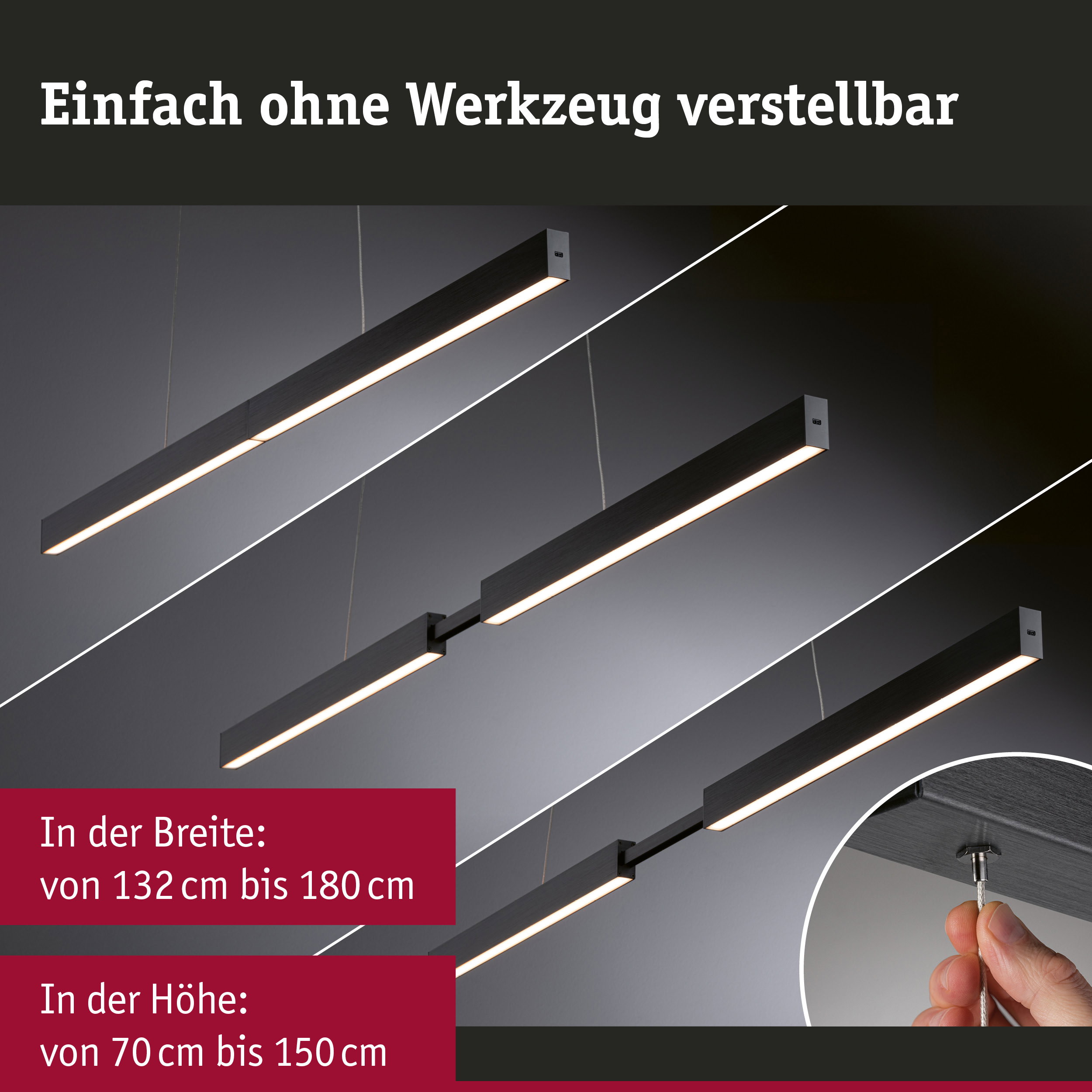 Schwarze LED-Pendelleuchte aus Metall, höhenverstellbar ohne Werkzeug, moderne Deckenbeleuchtung