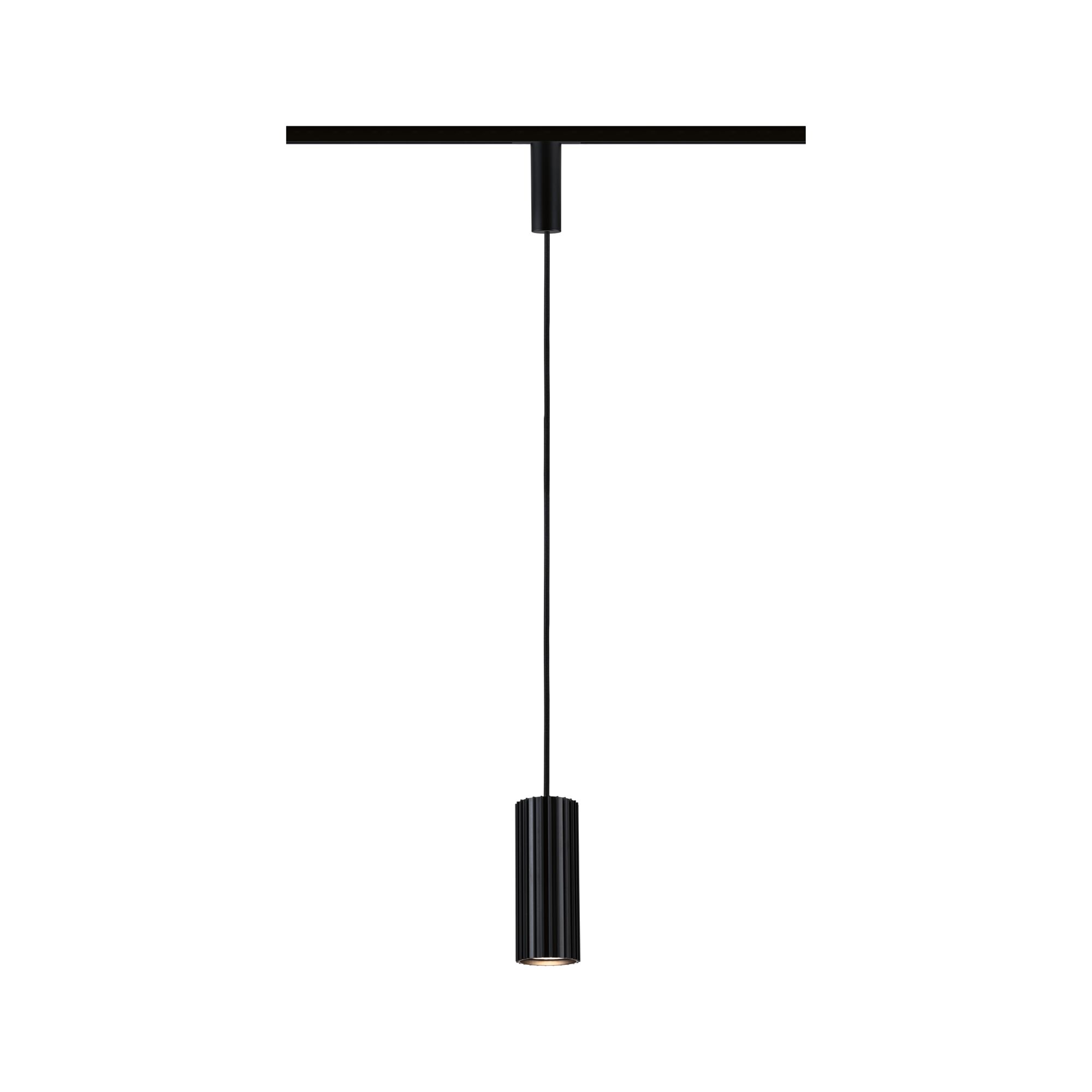 Black aluminium pendant light with cylindrical design and LED illumination for modern interiors