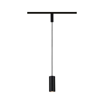 Black aluminium pendant light with cylindrical design and LED illumination for modern interiors