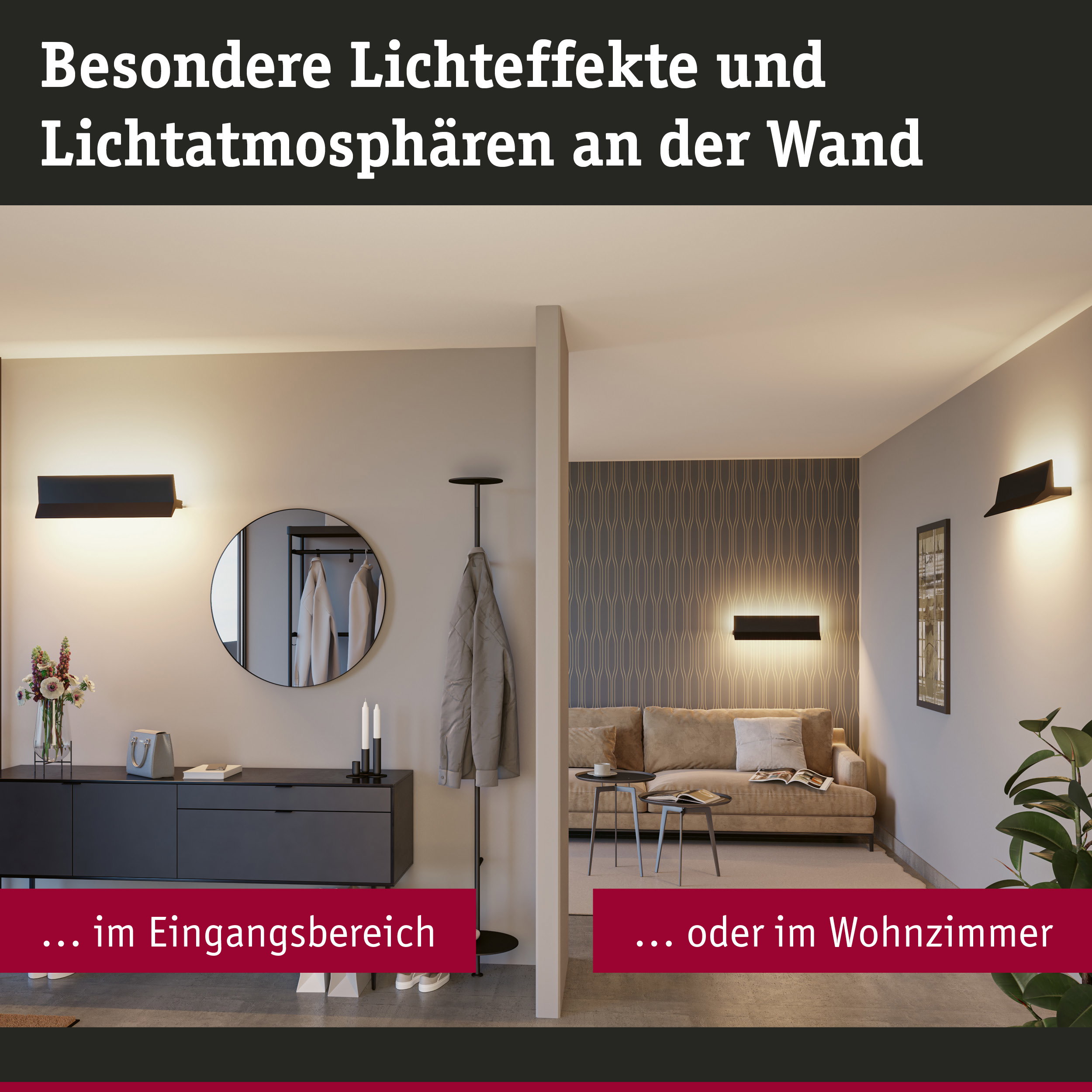 Modernes Wohnzimmer und Eingangsbereich mit schwarzen Wandlampen und warmem Licht für Wohnraumbeleuchtung