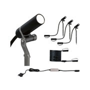 Schwarzes LED-Gartenstrahler-Set mit Erdspießen, Kabel und Netzstecker für Außenbeleuchtung.