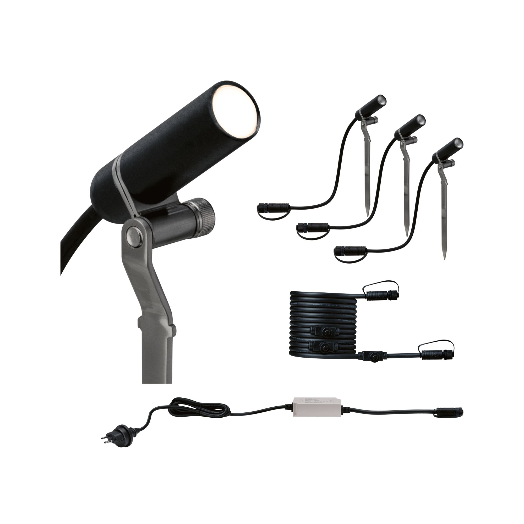 Schwarzes LED-Gartenstrahler-Set mit Erdspießen, Kabel und Netzstecker für Außenbeleuchtung.