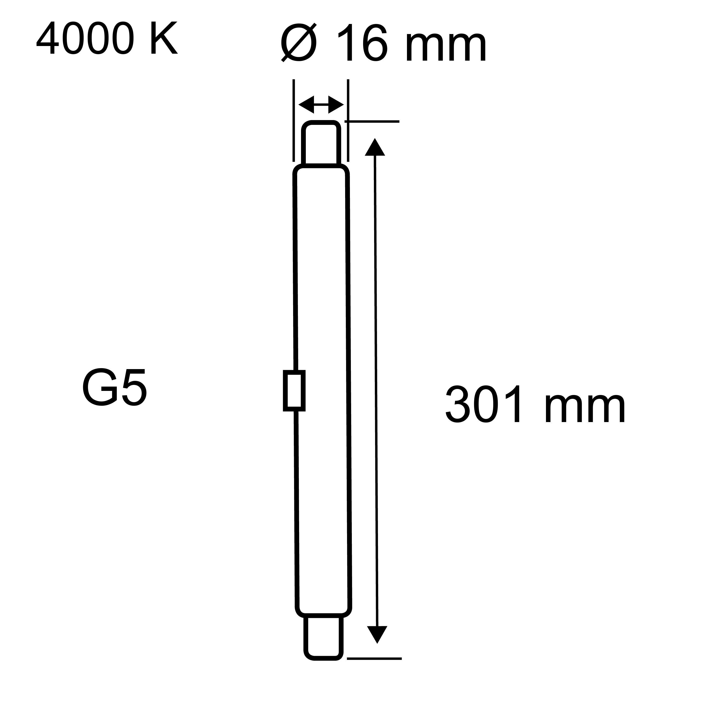 Technische Zeichnung einer G5 LED-Röhre mit 301 mm Länge und 16 mm Durchmesser, 4000 K Lichtfarbe