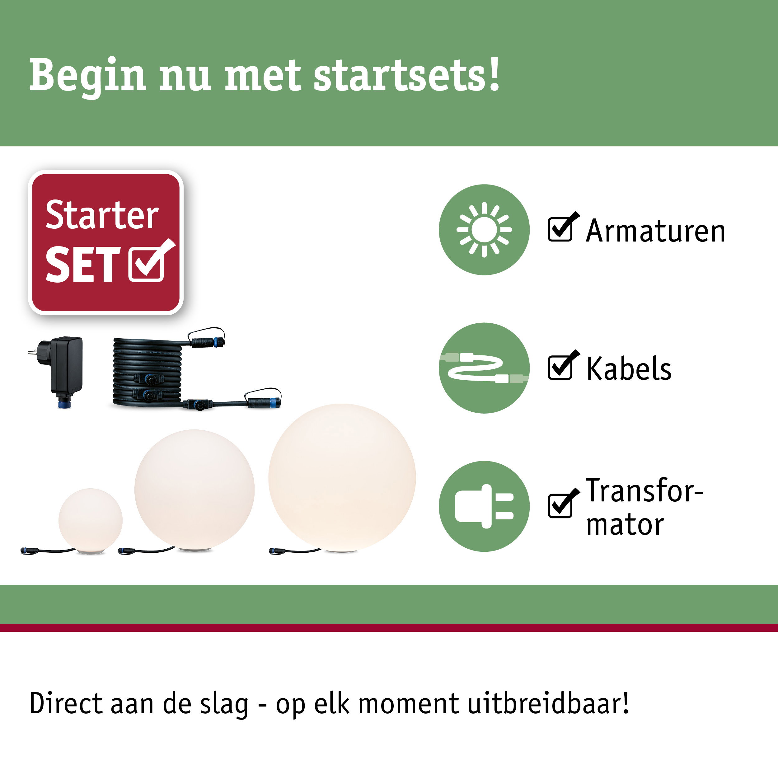 Starterset met witte bolverlichting, kabels en transformator voor LED-verlichtingssystemen