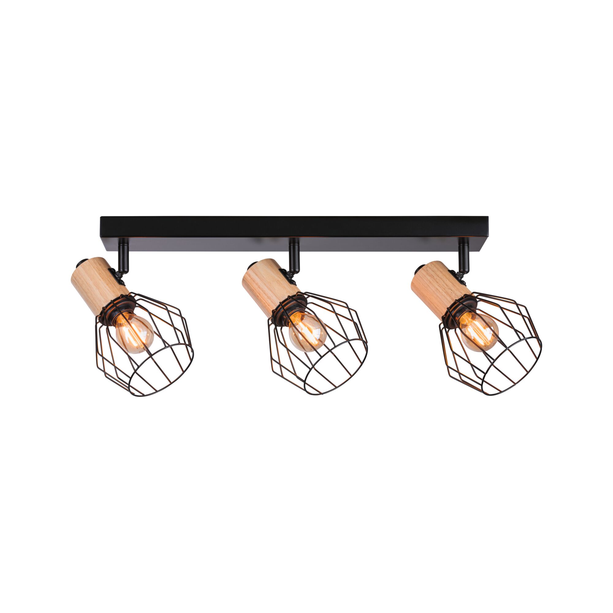 Drievoudige plafondspot met hout en zwart metalen kooi voor moderne woonverlichting