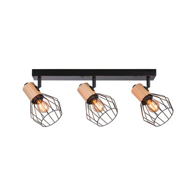 Three-light ceiling spotlight with wood and black metal cage for modern home lighting