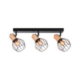 Drievoudige plafondspot met hout en zwart metalen kooi voor moderne woonverlichting