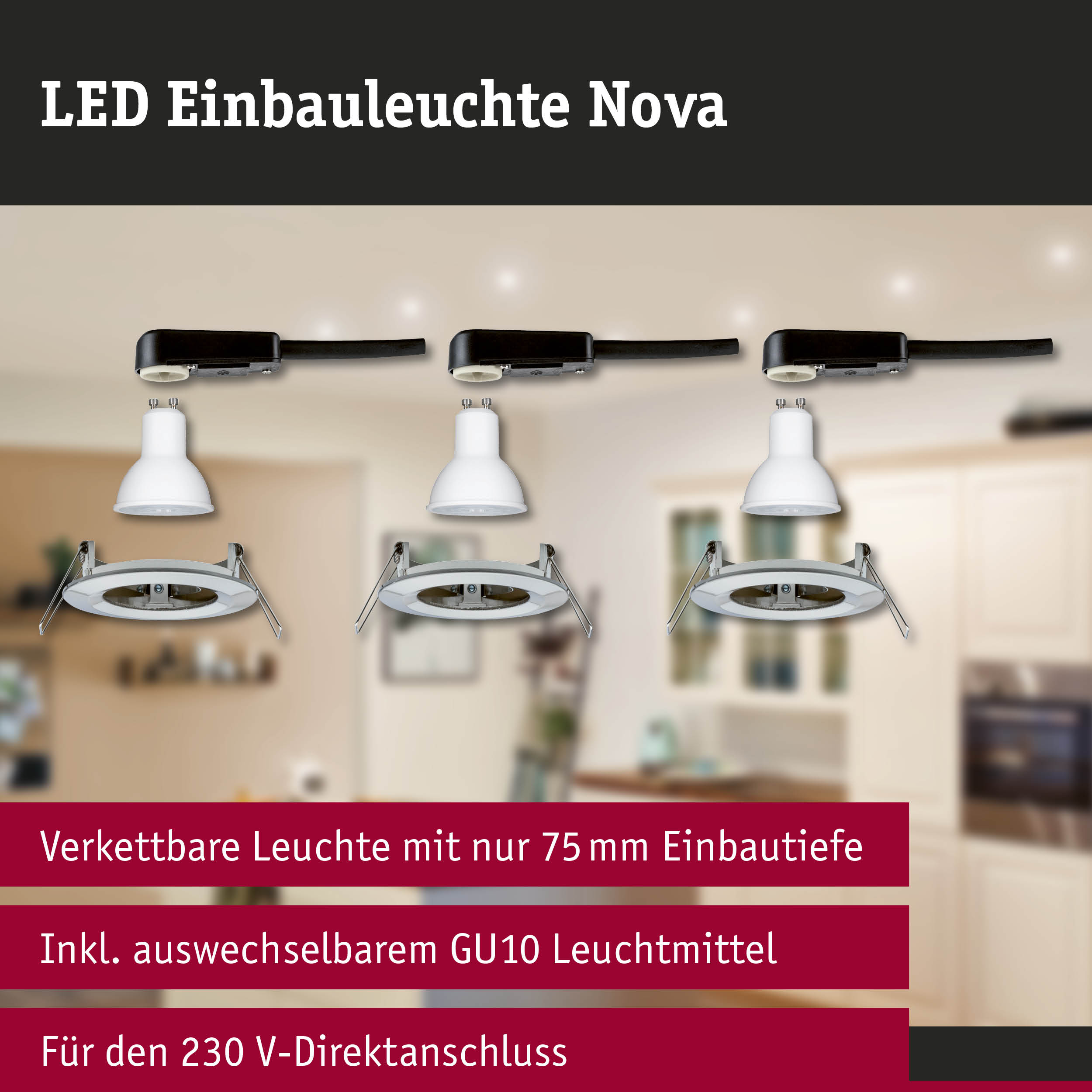 LED Einbauleuchte Nova in Weiß mit schwarzem Anschlusskabel, verknüpfbar und GU10 Leuchtmittel