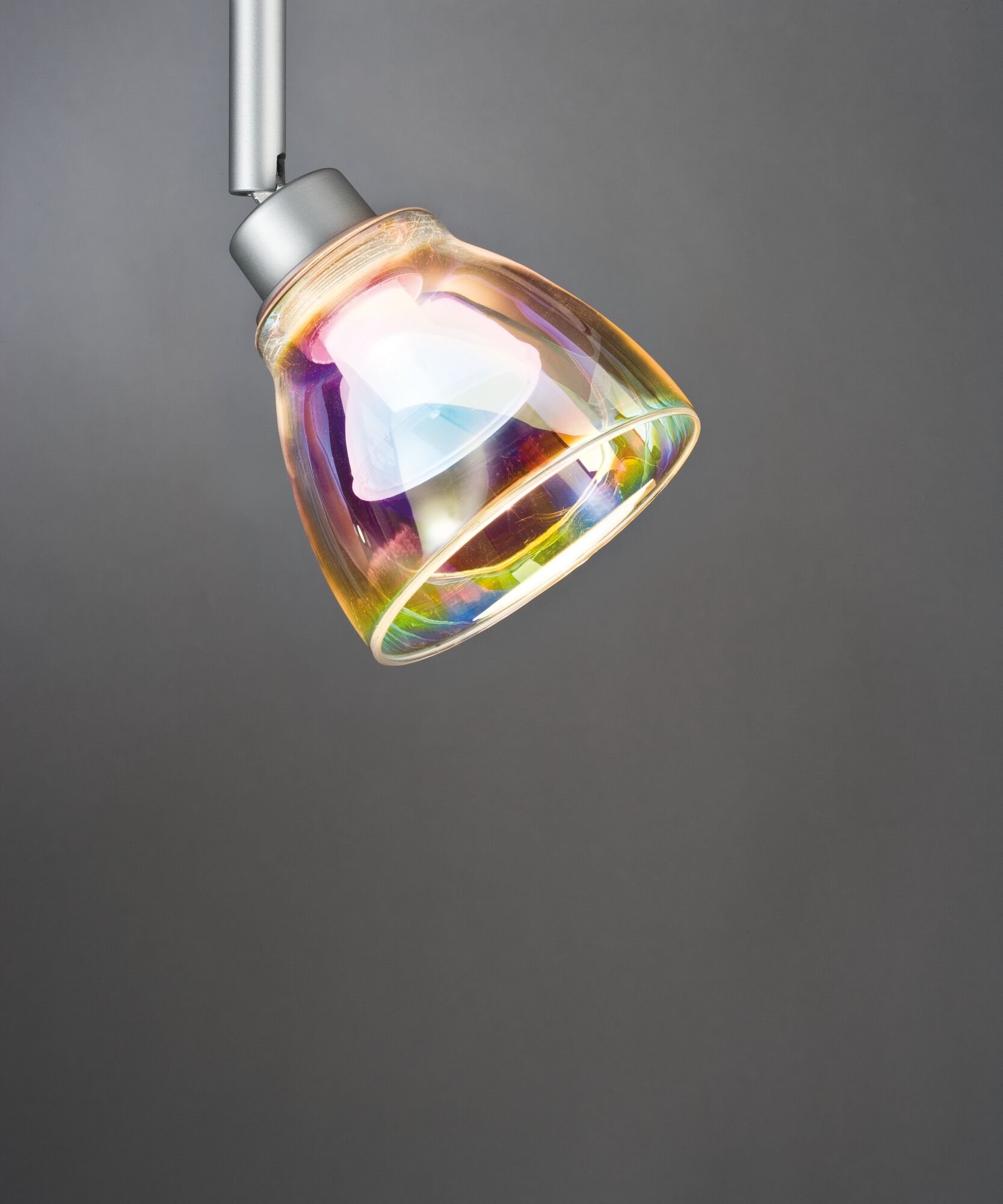 Modern ceiling spotlight with iridescent glass and silver metal arm for stylish room lighting