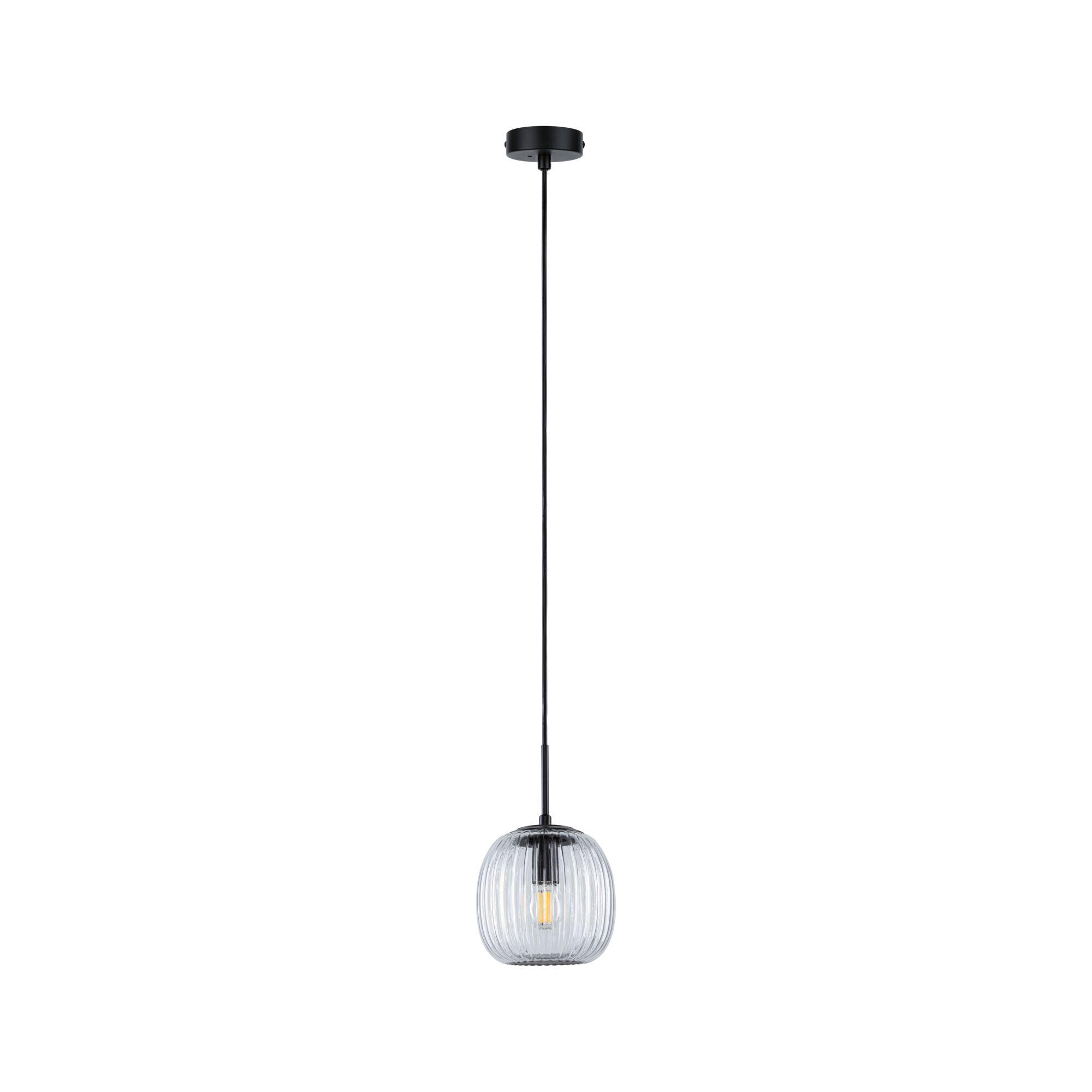 Modern pendant light with ribbed clear glass and black cord for stylish indoor lighting