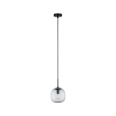 Modern pendant light with ribbed clear glass and black cord for stylish indoor lighting