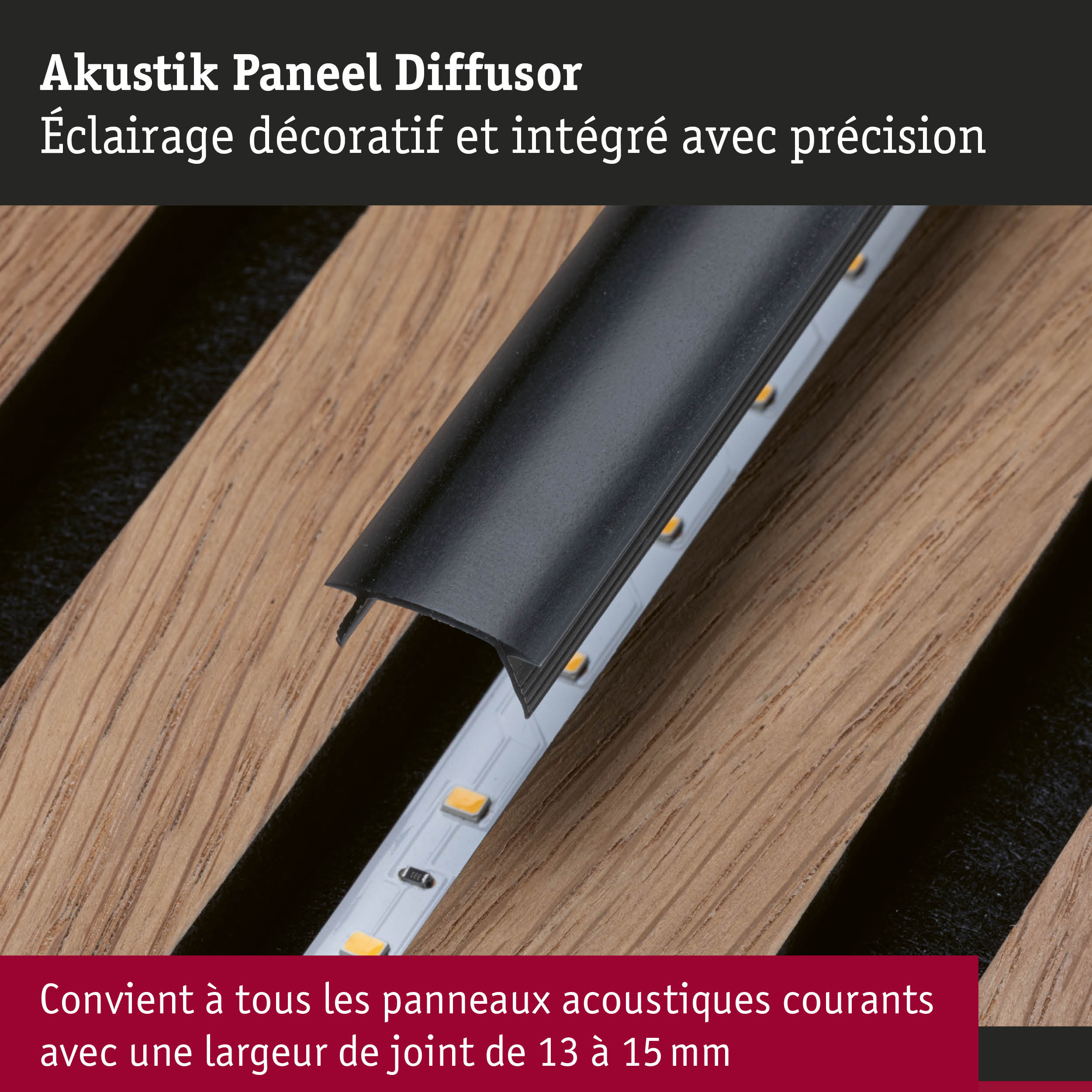 Diffuseur acoustique noir en plastique avec éclairage LED intégré sur surface en bois