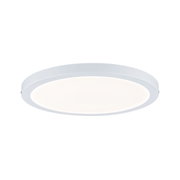 Round LED ceiling light with white plastic frame and warm white light for living spaces