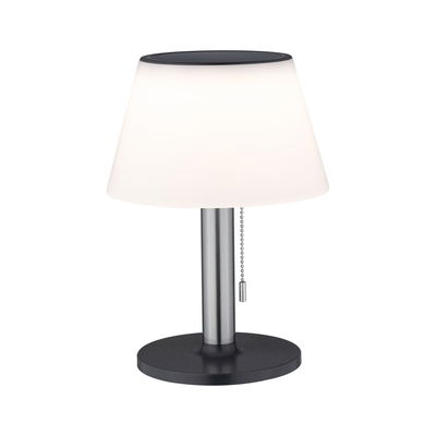 Modern table lamp with white glass shade and black metal base, LED light with pull chain