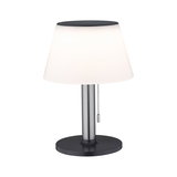 Moderne Tischlampe mit weißem Glas und schwarzem Metallfuß, LED-Leuchte mit Zugschalter